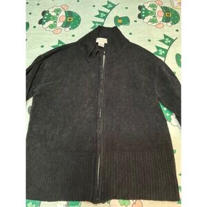 Worthington Essentials Black Full Zip Chenille Sweater Mock Neck Cardigan Large